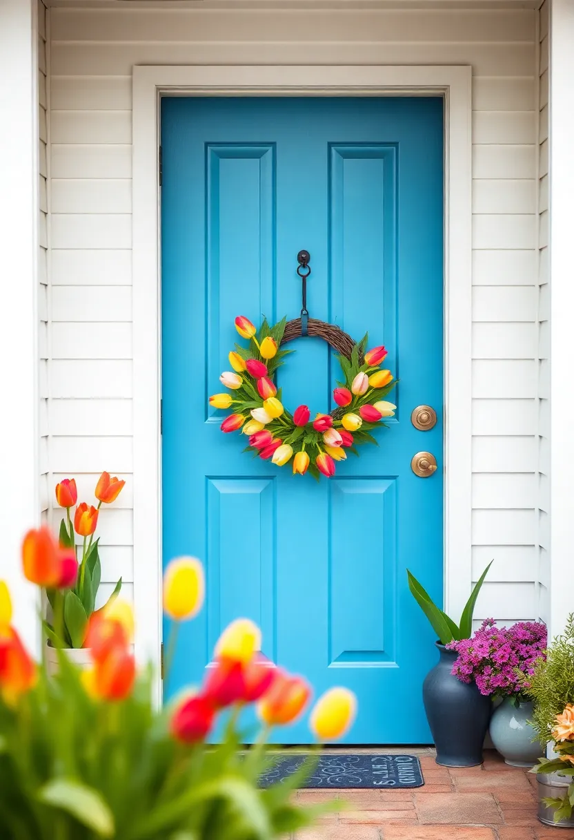 A cheerful blue door that pops against white siding, adorned with a handcrafted wreath of colorful tulips that herald the arrival of spring