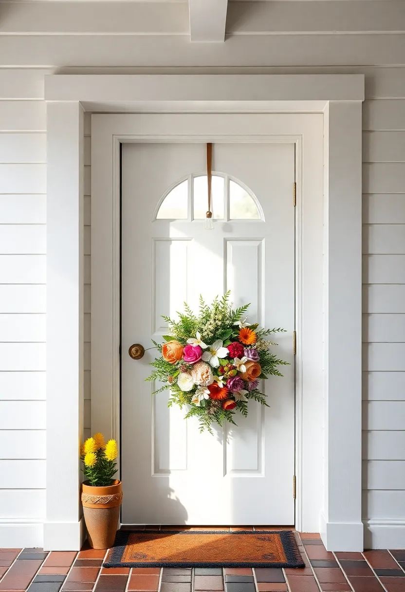 A cheerful farmhouse door,bright and inviting,dressed with a flower-laden wreath that represents the bounty of a summer garden