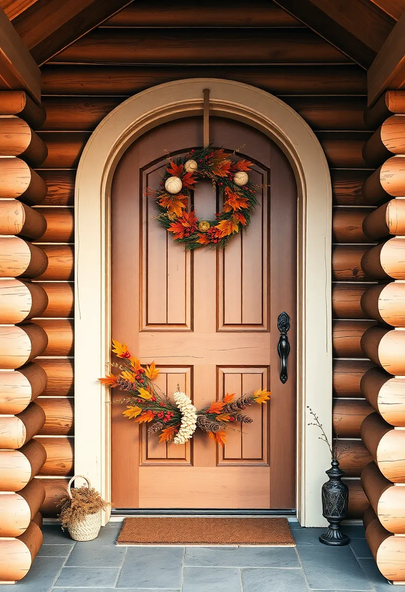 A cozy log cabin entry, where a seasonal wreath filled with autumn leaves, berries, and pinecones invites the warmth of fall into the home