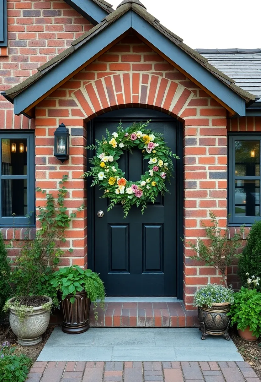 A cozy brick cottage enhanced by a beautifully crafted wreath of wildflowers and greenery,inviting nature's beauty into the living space