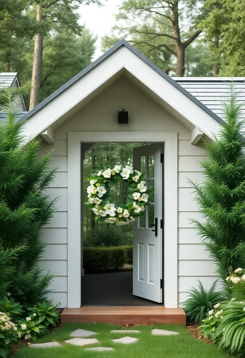 A dreamy cottage set amidst a lush forest,its entrance framed with a simple yet elegant floral wreath made of white blossoms and greenery,hinting at the natural beauty within