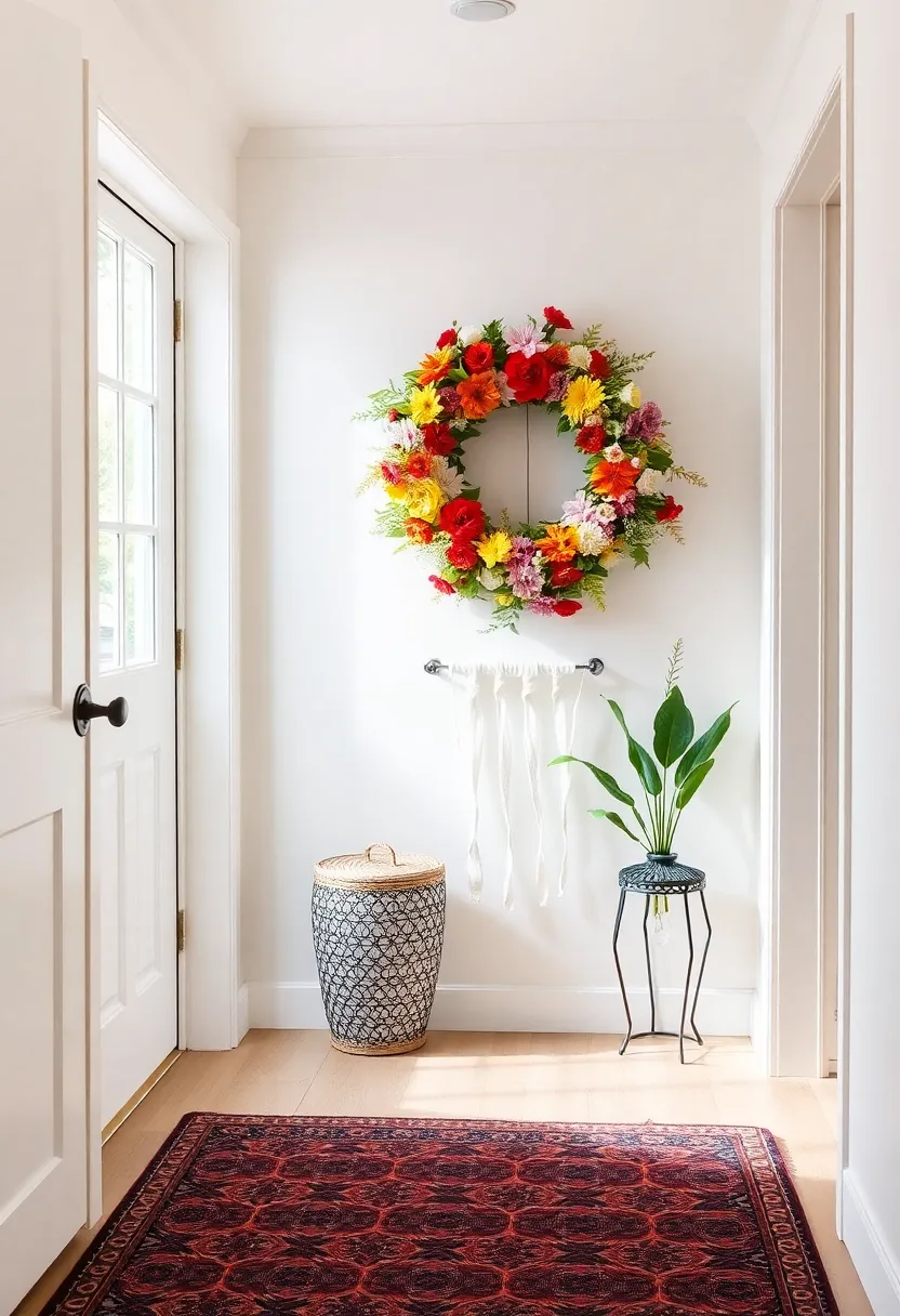An inviting entryway with a patterned rug and a vivid, seasonal floral wreath that captures the essence of each unique time of year
