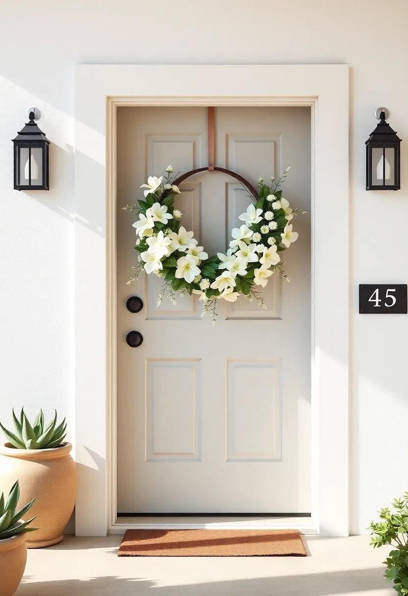 A minimalist entry adorned with a wreath of elegant white blooms and succulents, embodying serene beauty for the modern cottagecore enthusiast