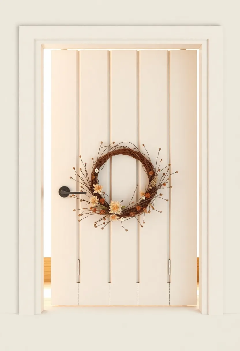 A peaceful woodland cottage entrance showcased with a natural wreath of twigs and dried flowers, embodying rustic charm and simplicity