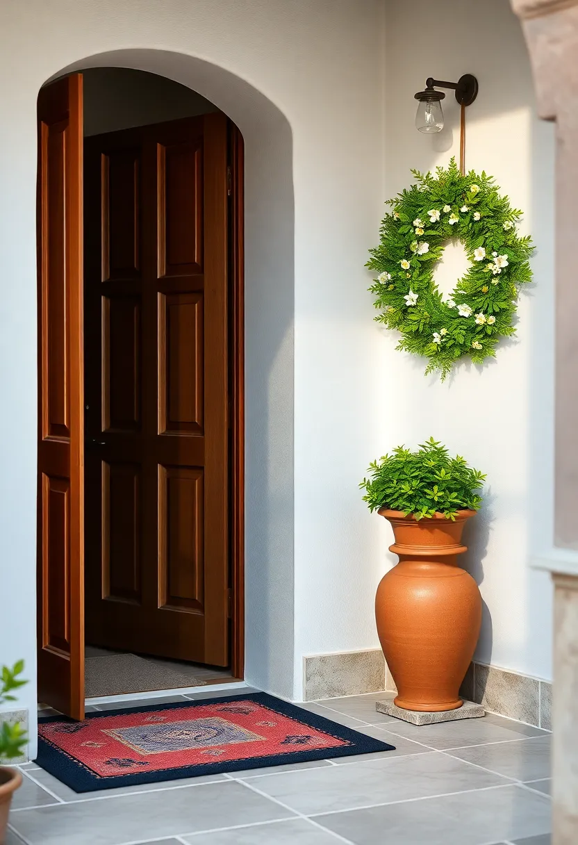 A picturesque entryway adorned with a terracotta flower pot and a lush green wreath, celebrating the harmonious relationship between indoor and outdoor spaces