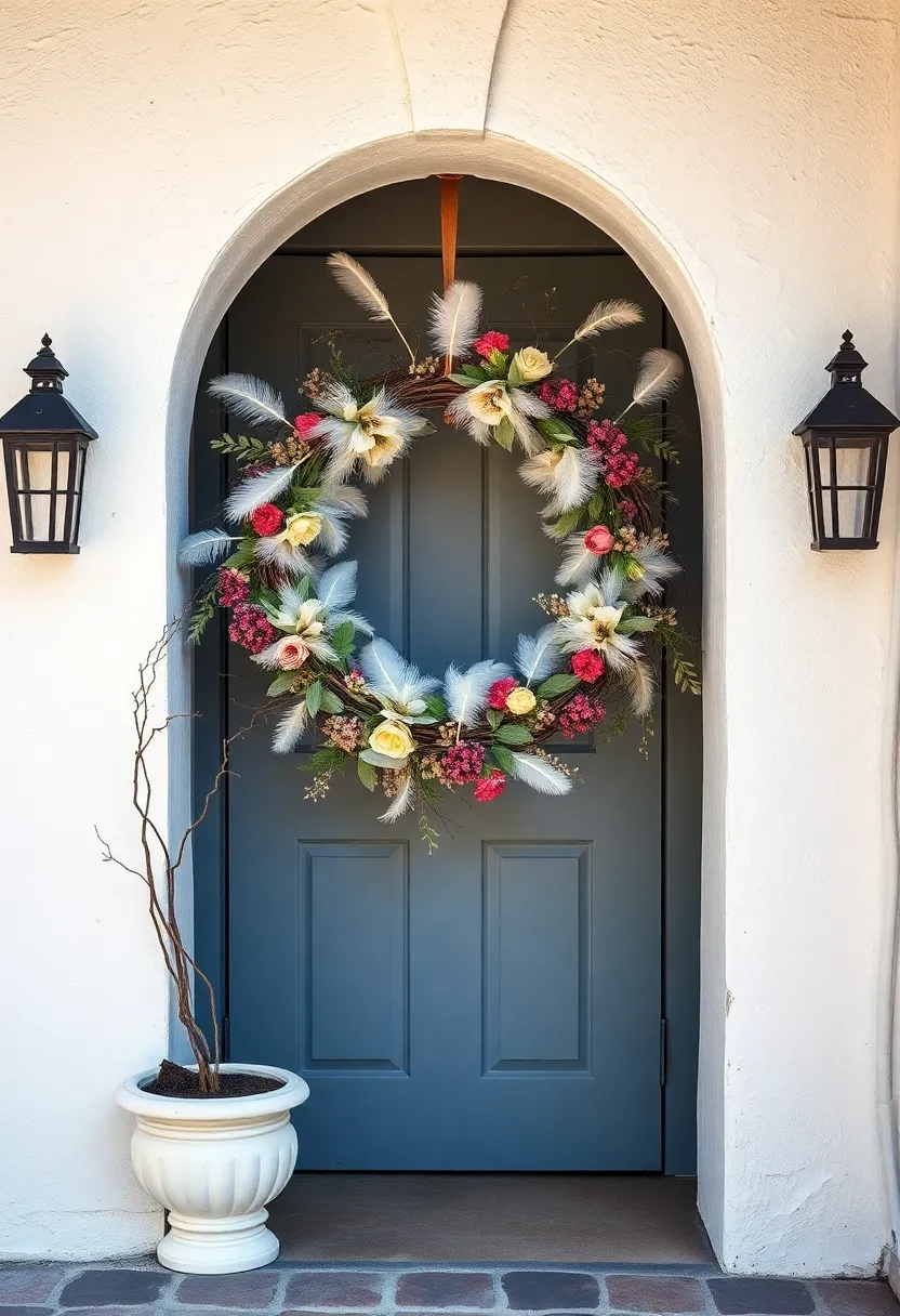 A picturesque cottage alcove featuring a wreath adorned with feathers and blooms, offering a unique twist that showcases creativity and nature
