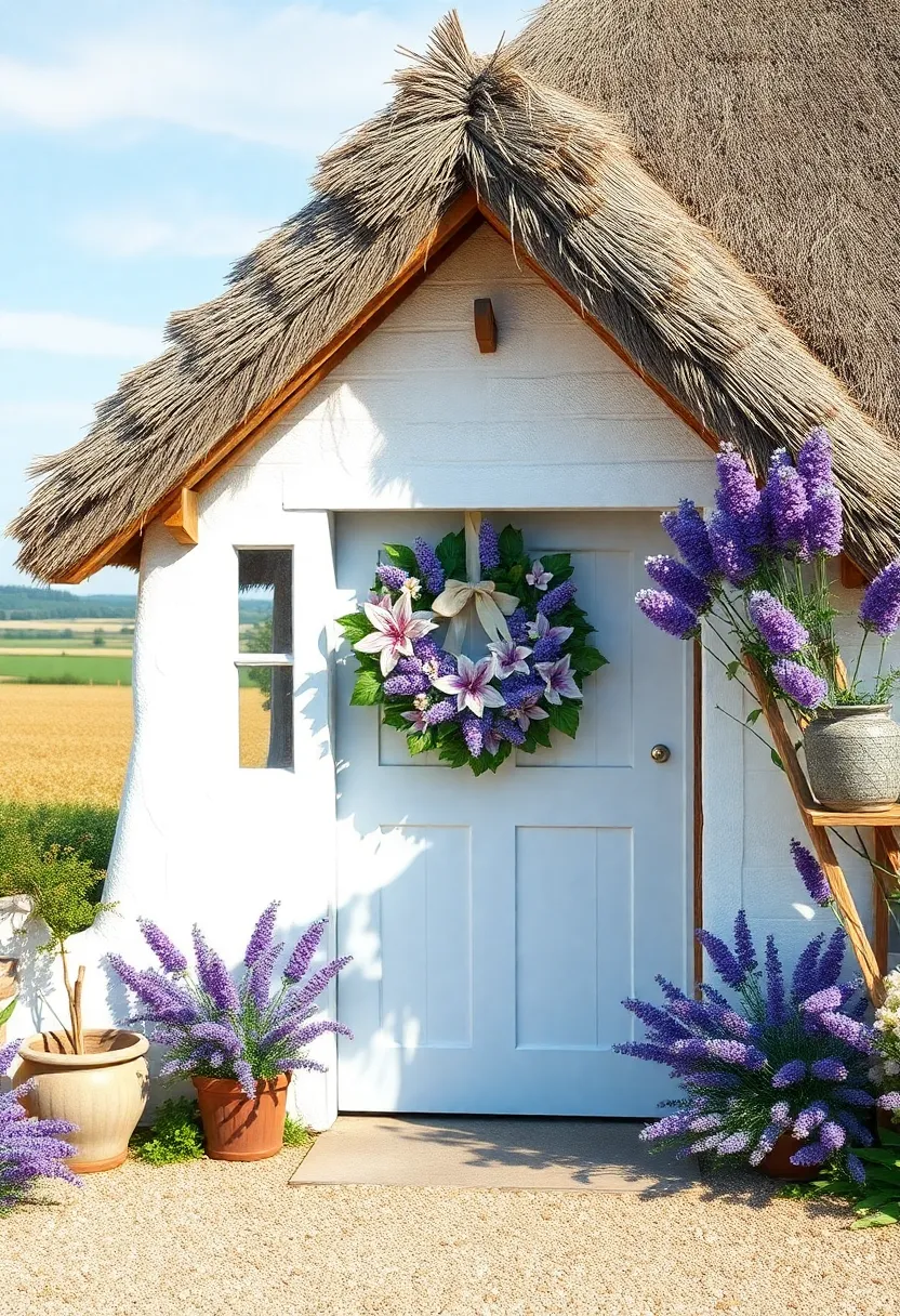 A quaint thatched-roof cottage showcasing a vibrant lavender wreath, echoing the fragrant fields beyond and inviting a sense of tranquility
