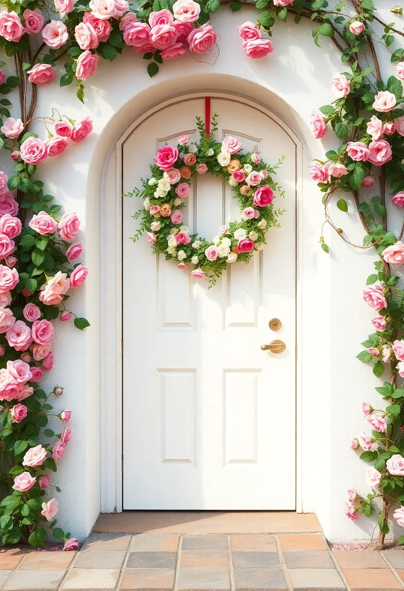 A quaint entryway bordered by climbing roses, boasting a romantic floral wreath that exudes charm and a touch of nostalgia