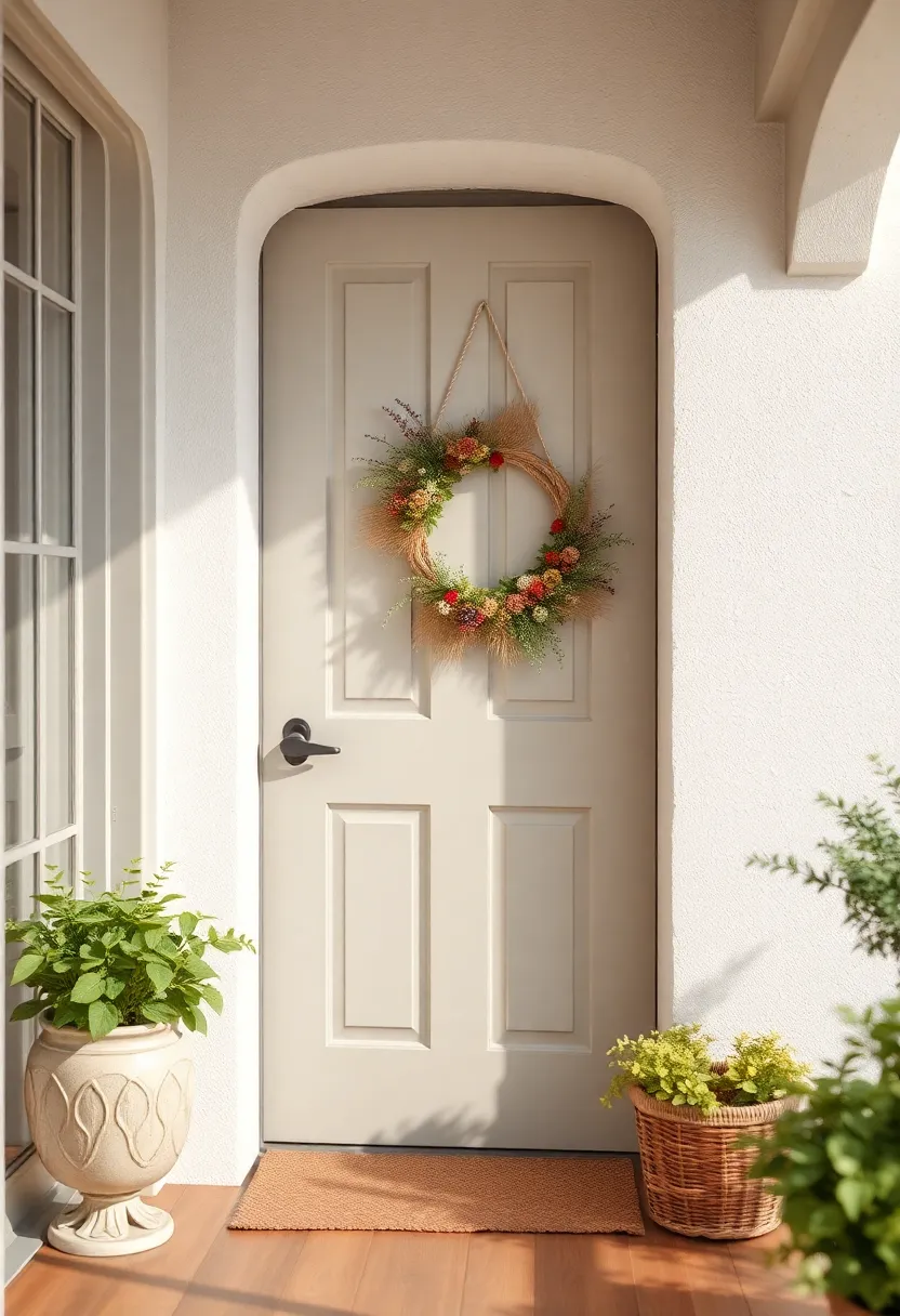 A rustic porch featuring a straw wreath embellished with dried herbs and flowers, offering a charming nod to old-world country living