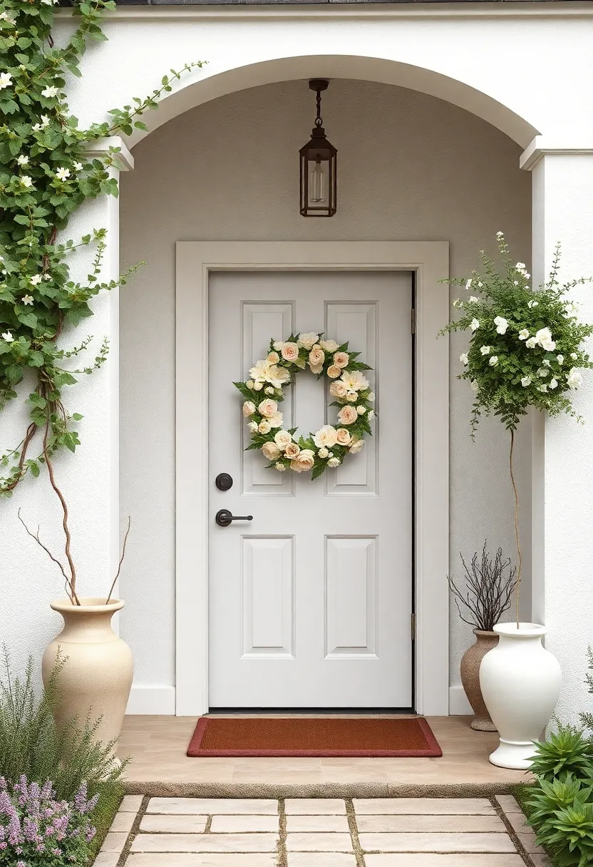 A serene entryway blending seamlessly with its garden landscape,where an understated wreath of soft muted blooms complements the surroundings perfectly