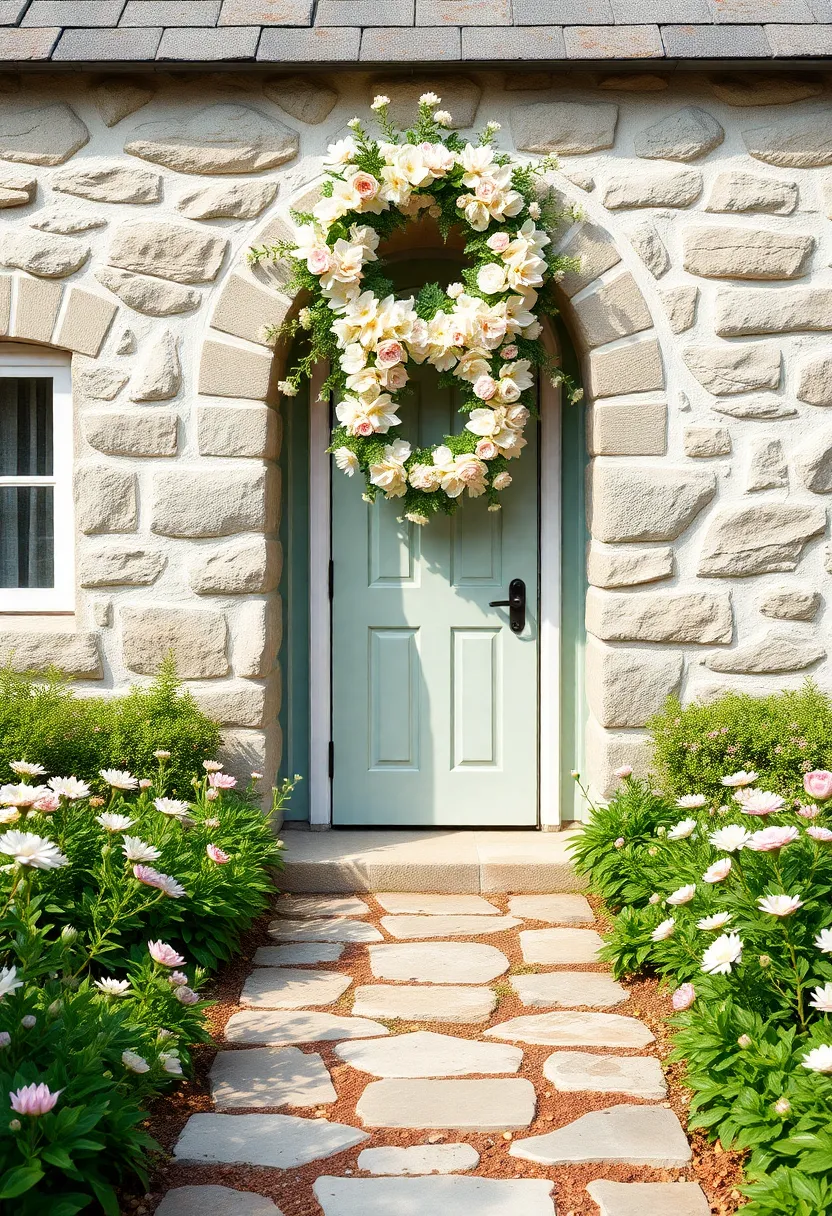 A stone cottage adorned with a pastel-colored floral wreath, its soft hues mirroring the blooming garden path that leads to the welcoming entrance