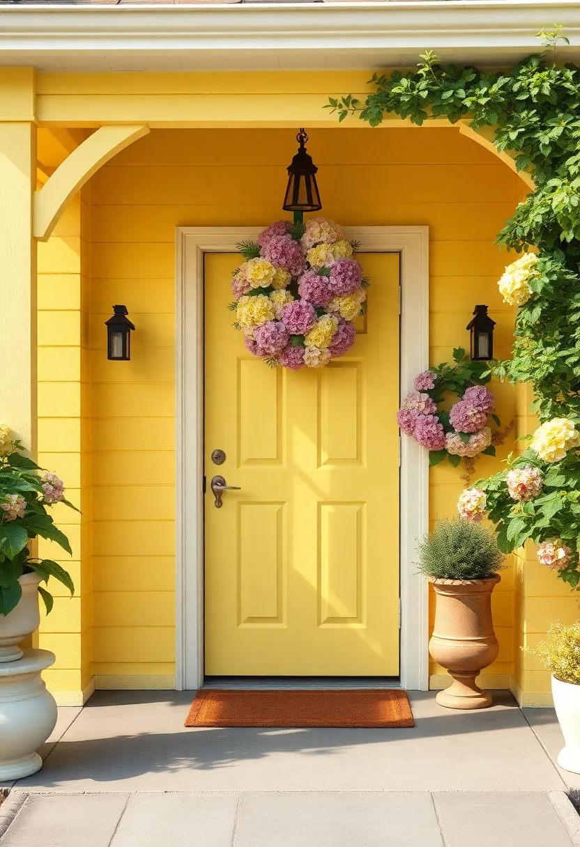 A sunny yellow cottage with a striking hydrangea wreath that captures the essence of summer, inviting guests with its lush and vibrant tones