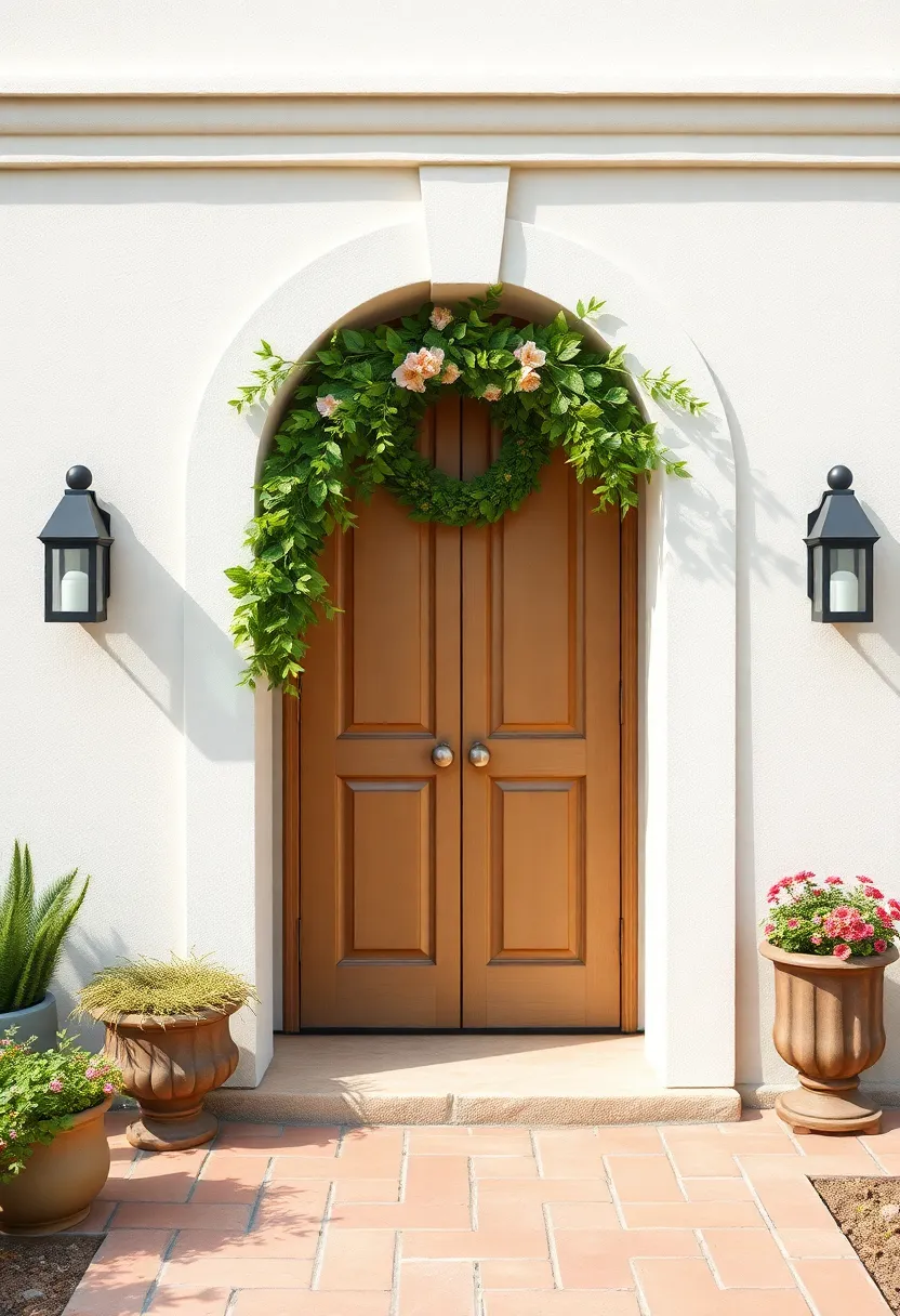 A timeless stucco entrance embellished with a lush greenery wreath,symbolizing the eternal charm of cottage living throughout the seasons