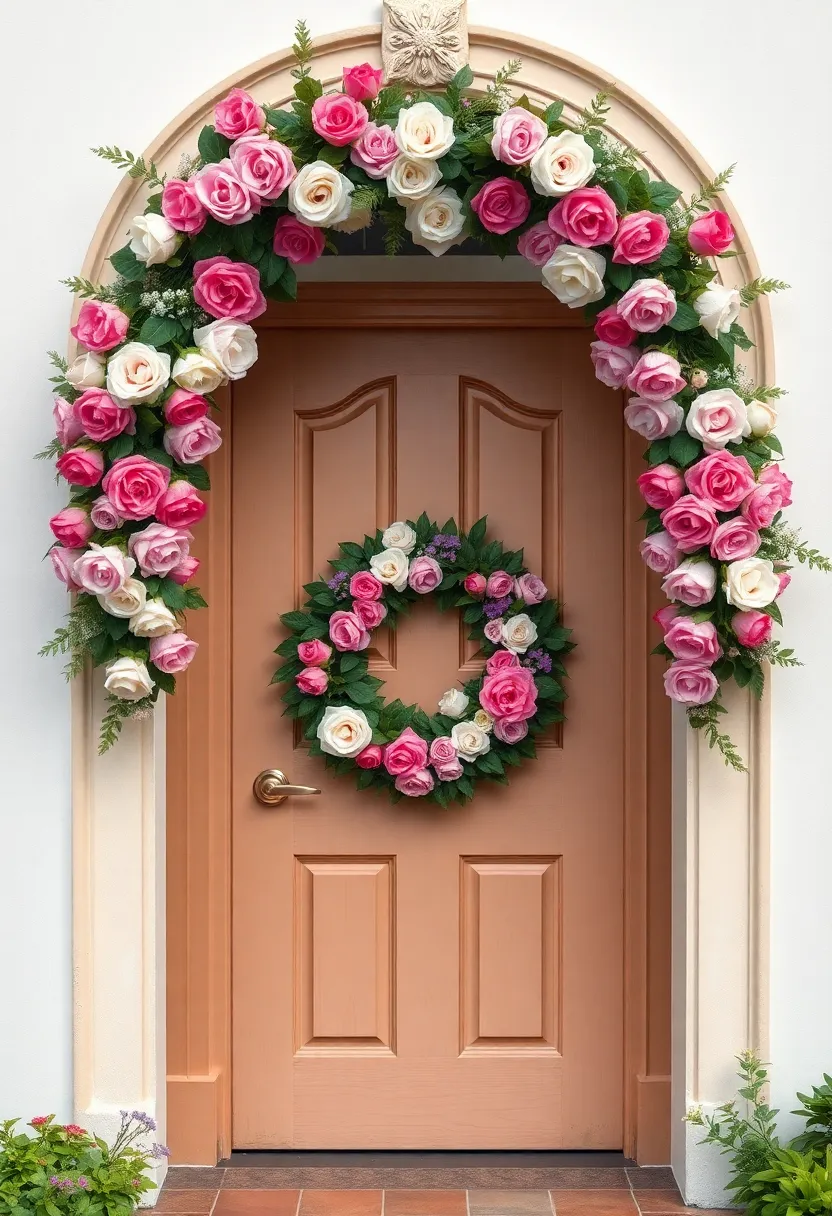 A Victorian-style doorway graced with an elaborate rose wreath, each bloom telling a story of romantic gardens from times gone by