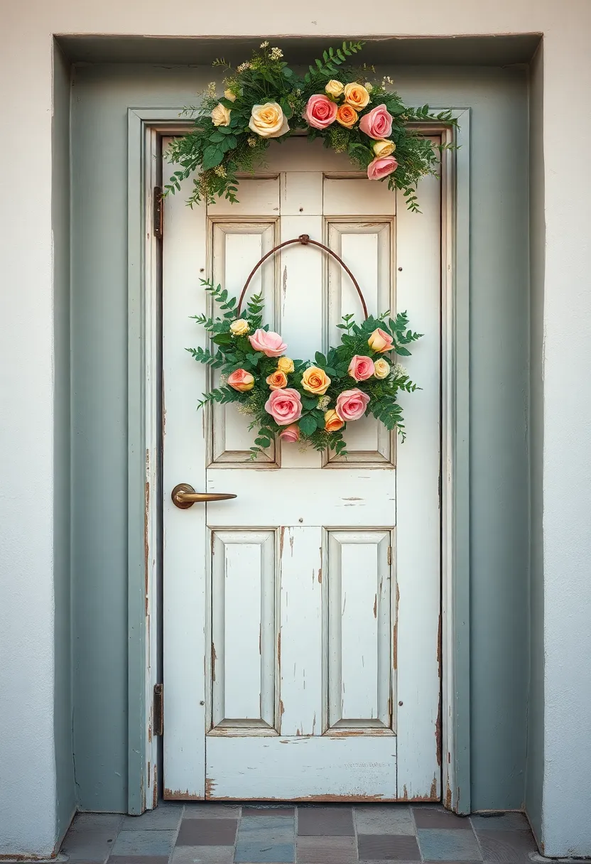 A vintage door with peeling paint, crowned by a whimsical wreath of mixed greenery and fragrant roses, showcasing the beauty of imperfection