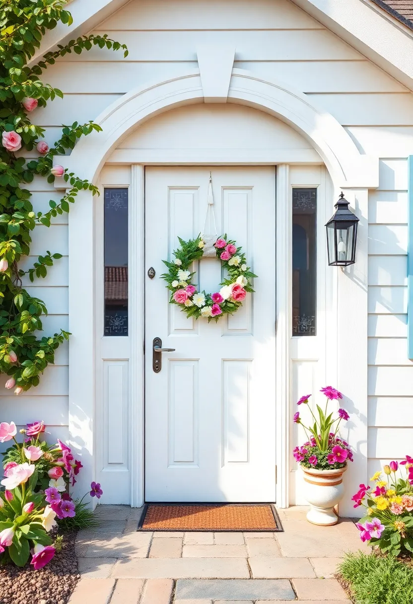 A whimsical pastel cottage featuring a wreath of tulips and pansies, instantly lifting the spirits of anyone who crosses its threshold