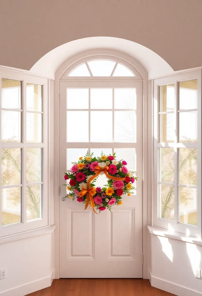 A whimsical bay window framing a floral entrance wreath bursting with color, inviting guests to experience the magic of the interior