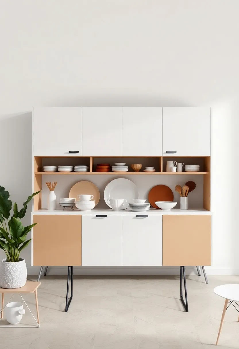 Signature ​Serving: Place vintage dishware in a sleek modern cabinet, celebrating culinary heritage among minimalist lines and contemporary forms