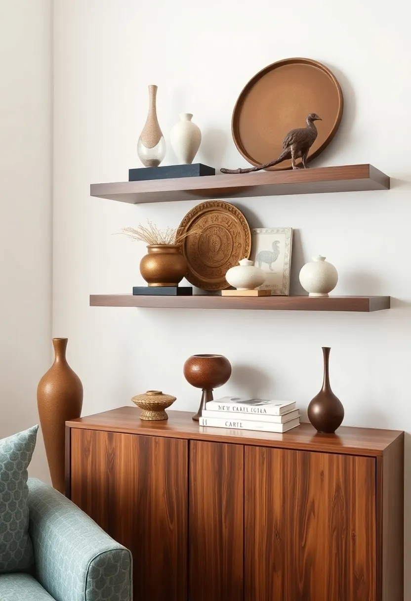 Artistic Layering: Incorporate modern sculpture alongside antique decor on shelves, creating dynamic visual interest through contrasting materials and ​eras