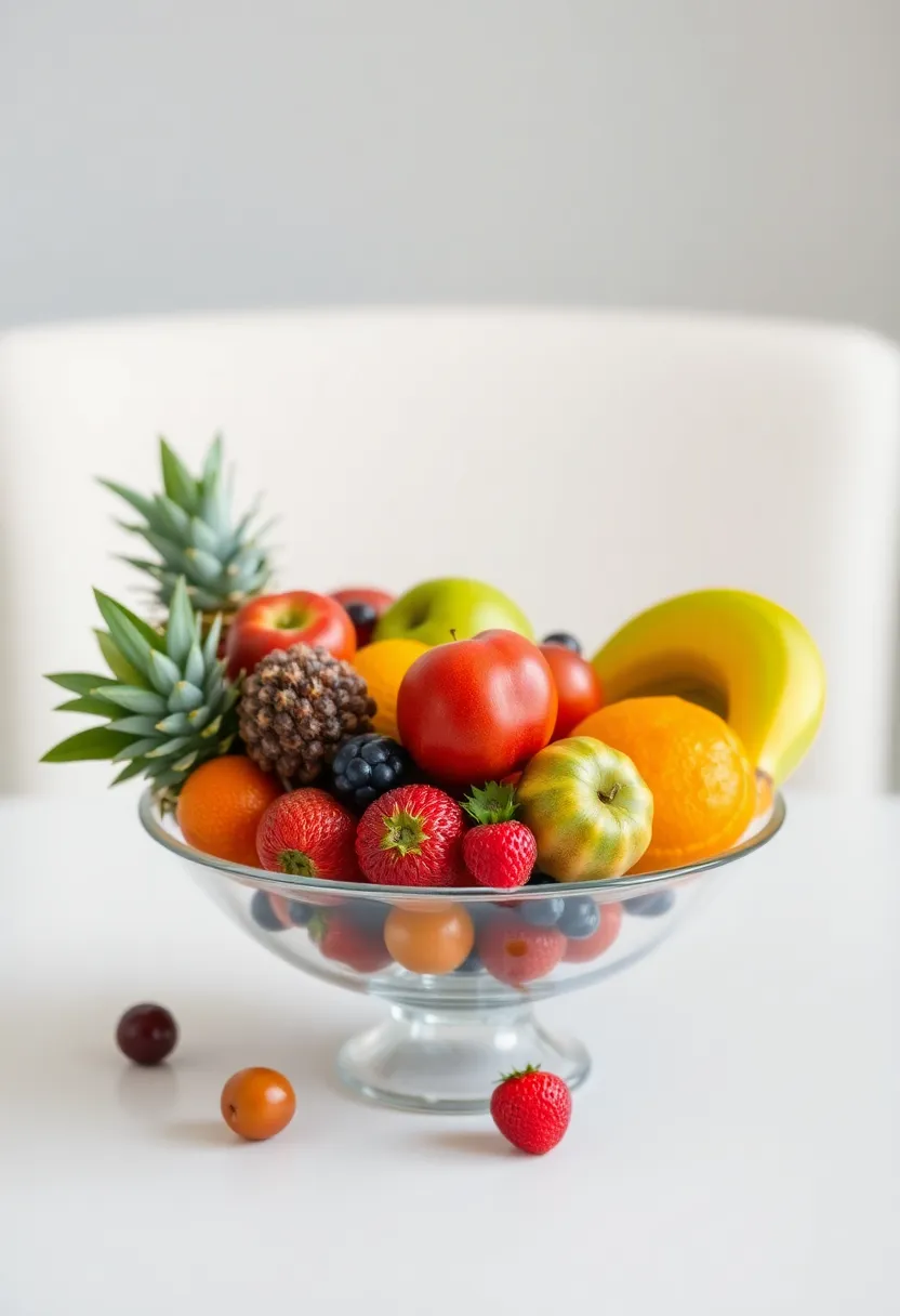Colorful Fruit Bowl: A vibrant, decorative bowl filled with fresh, colorful fruits can serve as a feast for the eyes and a healthy snack option