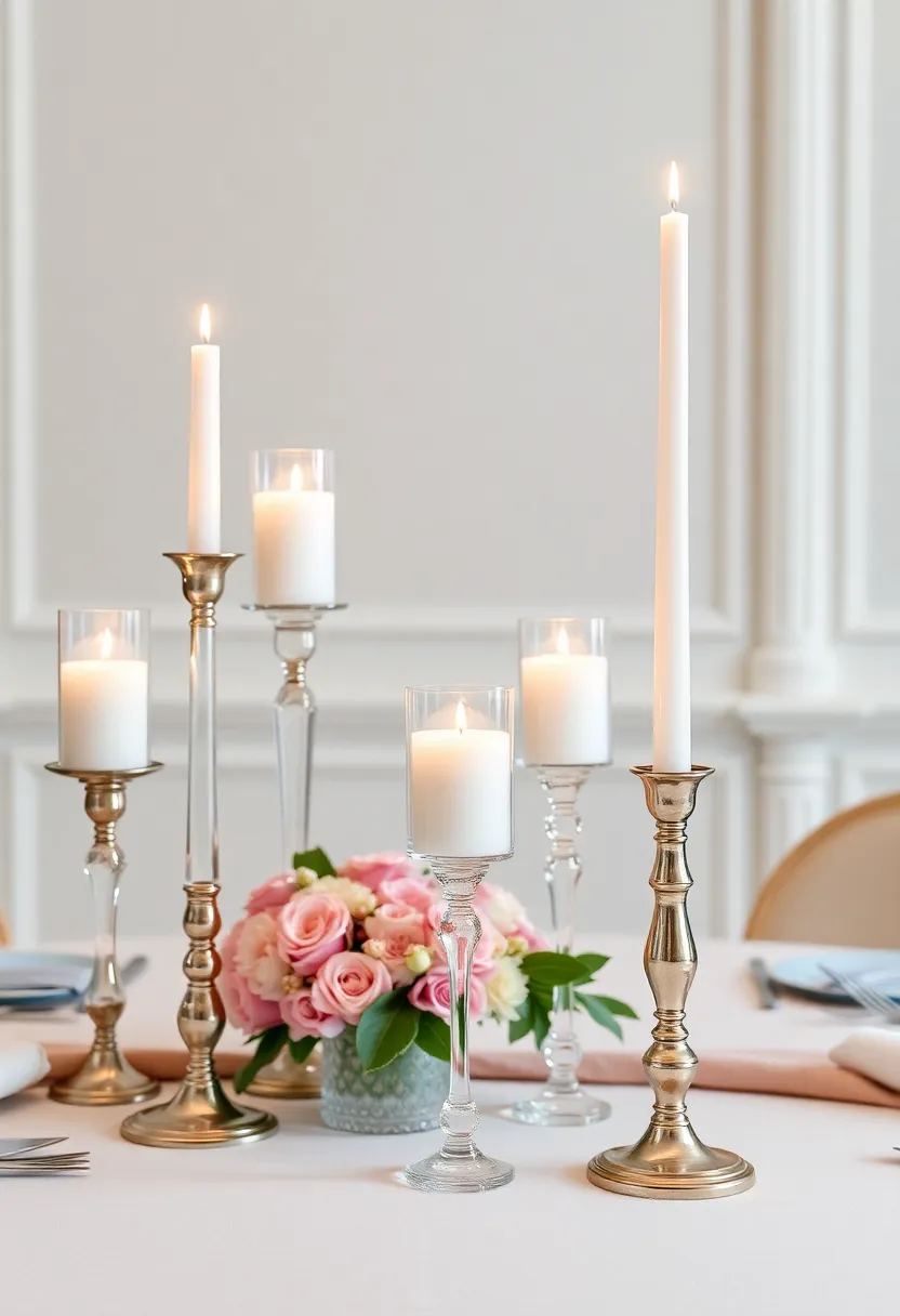 Elegant Candlestick Holders: Create a romantic atmosphere with tall candlesticks,showcasing taper candles in varying heights for dimension and softness