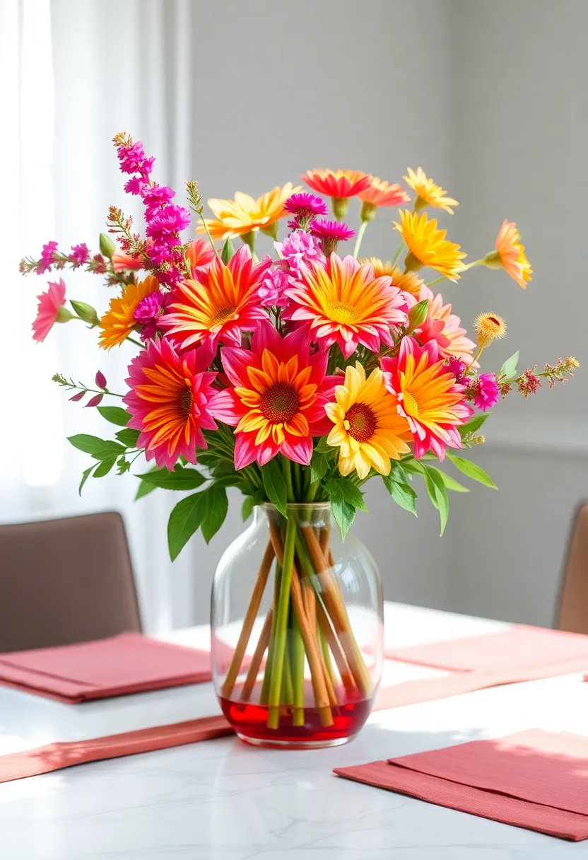 Fresh Floral Arrangements: Brighten your dining space with seasonal blooms in vibrant hues, arranged in a beautiful vase that complements your décor