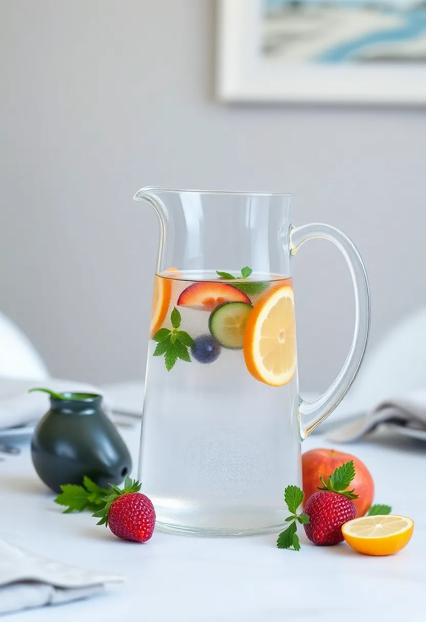 Fruit and Herb Infused Water: A stylish pitcher filled with infused water, complemented with a few herbs or cucumber slices, adds freshness to your table setup