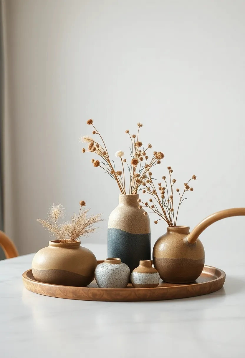 hanmade Pottery: Showcase unique handmade pottery pieces filled with dried flowers or greenery,adding artisanal flair to your dining area