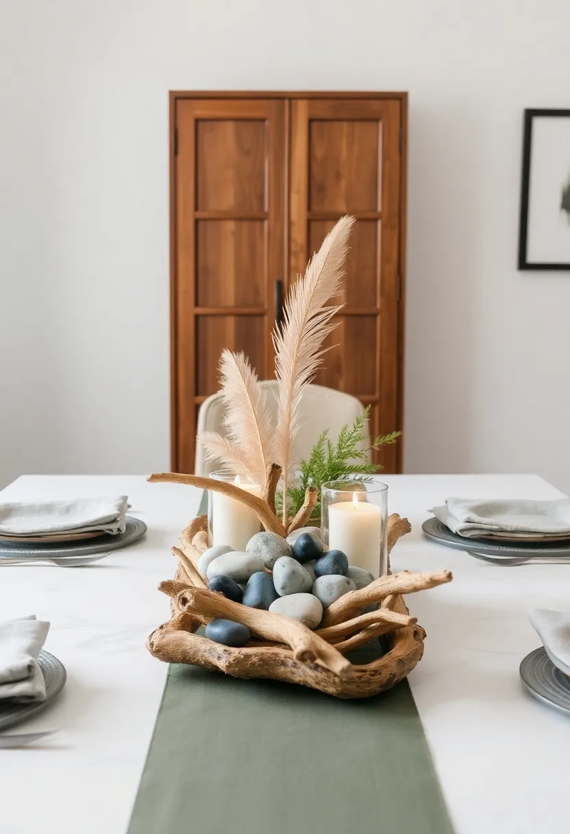 Nature-Inspired Tablescape: Curate a stunning collection of natural elements like stones, feathers, and driftwood for an organic and grounding centerpiece experience