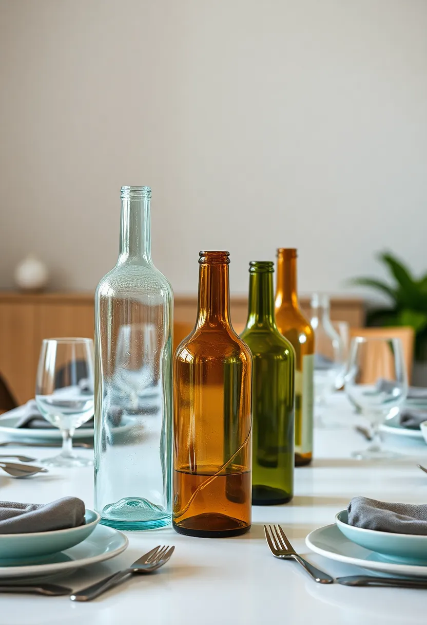 Repurposed Glass Bottles: Use repurposed glass bottles as vases,creating an eco-friendly centerpiece that celebrates sustainability and creativity