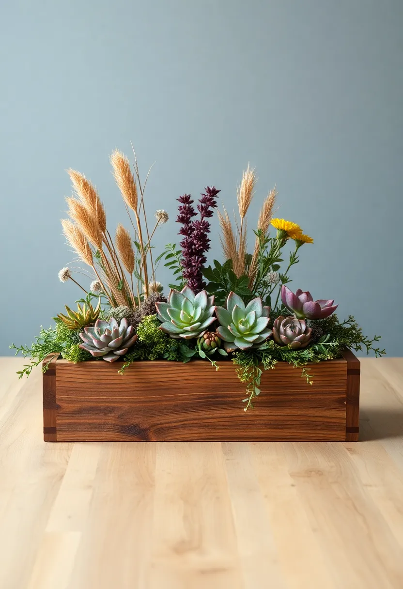 Rustic Wooden centerpiece: Embrace the charm of nature with a handcrafted wooden box overflowing with herbs, succulents, or dried flowers for a cozy touch