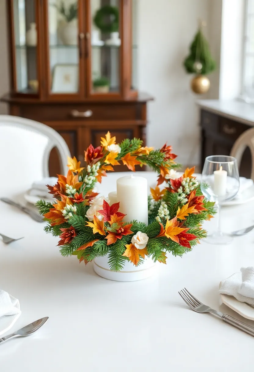 Seasonal Wreath: Use a small, seasonal wreath as a table centerpiece, whether for autumn leaves, winter evergreens, or spring florals, to reflect the time of year