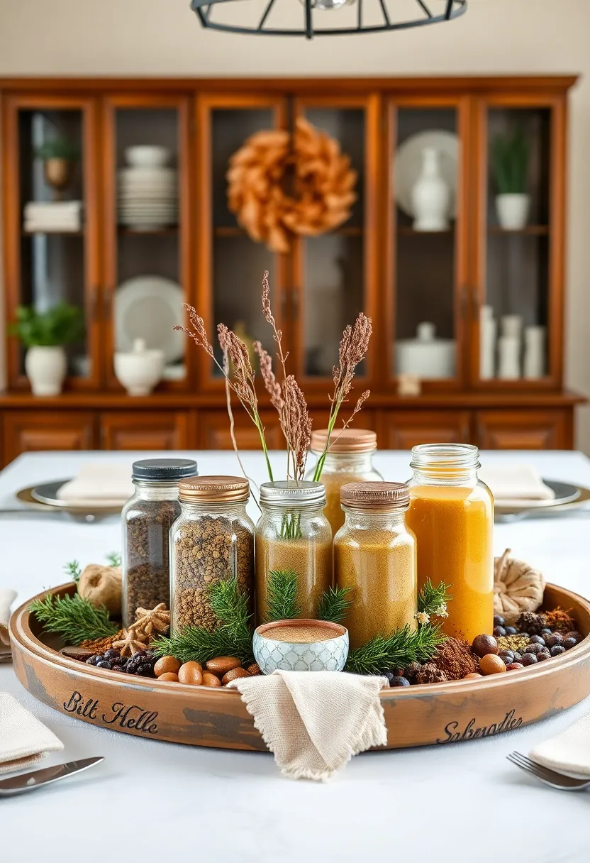 Spice Jar Centerpiece: For an aromatic touch, creatively arrange colorful spice jars in an open tray as a rustic centerpiece with a hint of culinary flair