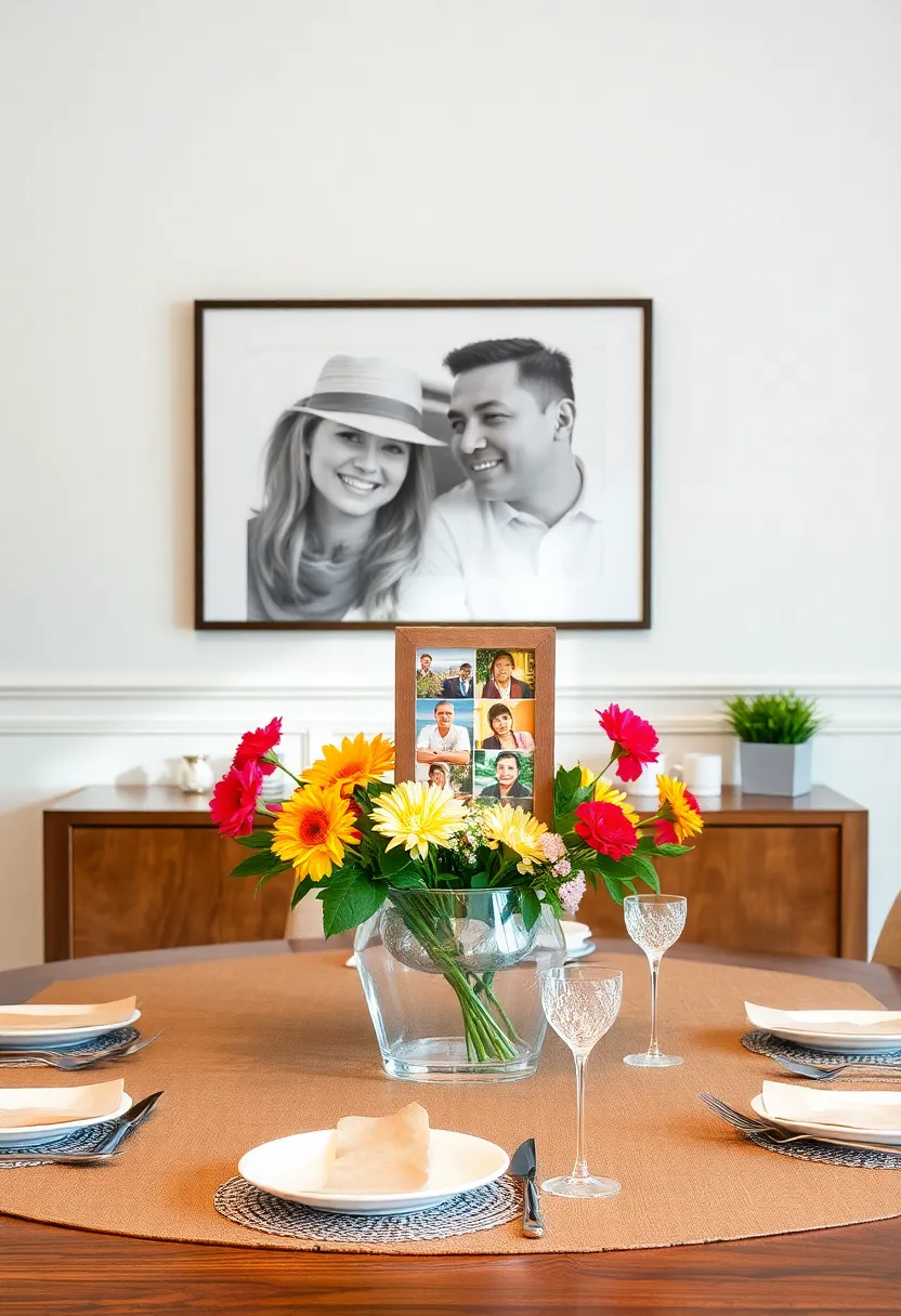 Vibrant Photo Collage: Use a small photo collage in unique frames as a dynamic centerpiece that captures precious moments and stories, adding charm to your dining area