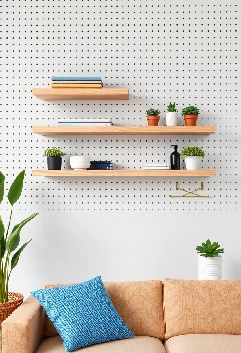 DIY Pegboard Floating Shelves:⁣ Combine floating shelves with a pegboard background, offering customizable storage options for an organized yet stylish display