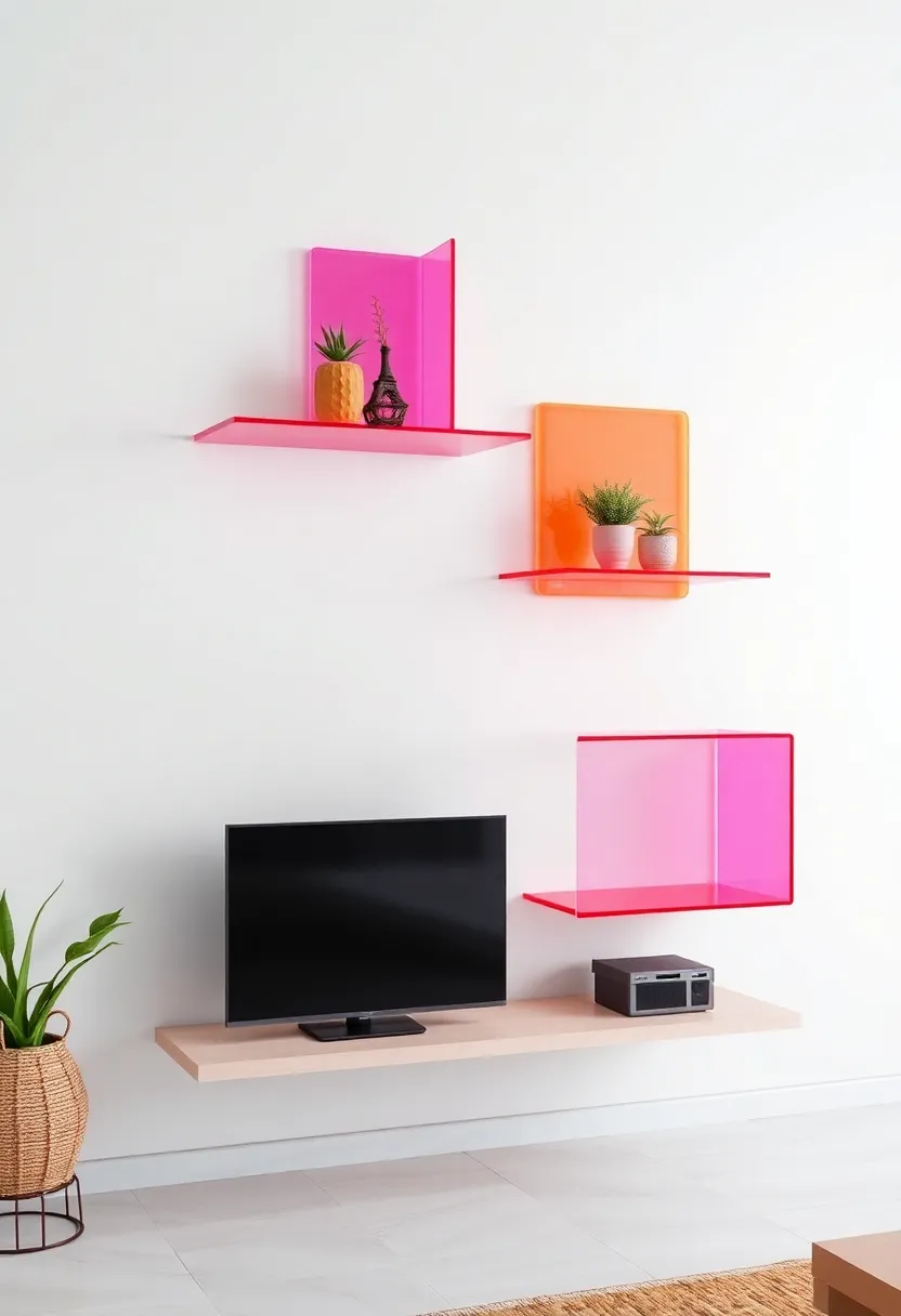 Colorful Acrylic Shelves: Add a pop of color​ with vibrant acrylic floating shelves that are not only functional but also serve as a striking statement piece