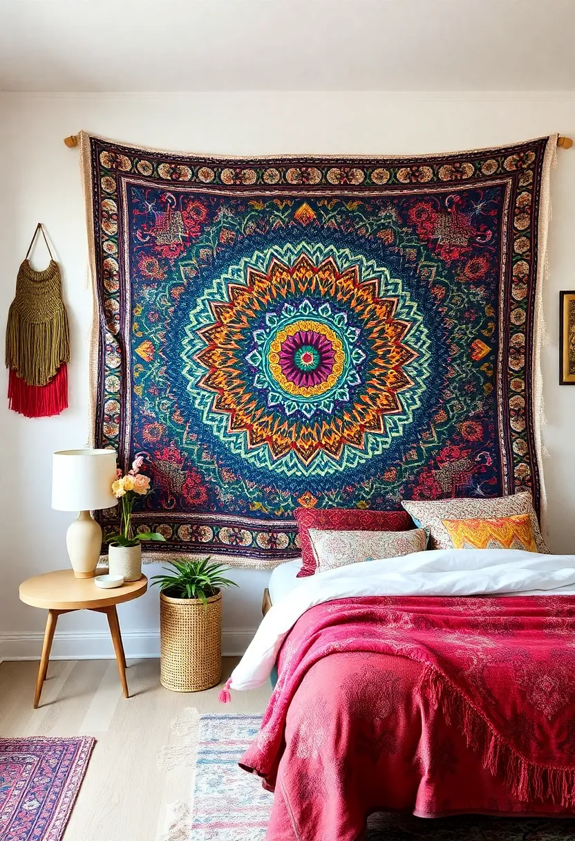 Tapestry Backdrop: Hang a colorful tapestry as a backdrop, adding texture and warmth, while serving as a stunning focal point in the room