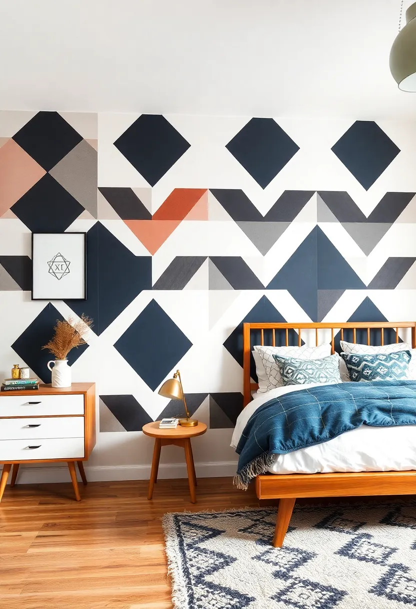 Bold Geometric Patterns: Paint bold geometric patterns directly on the wall for a modern, edgy flair that will energize your creative space