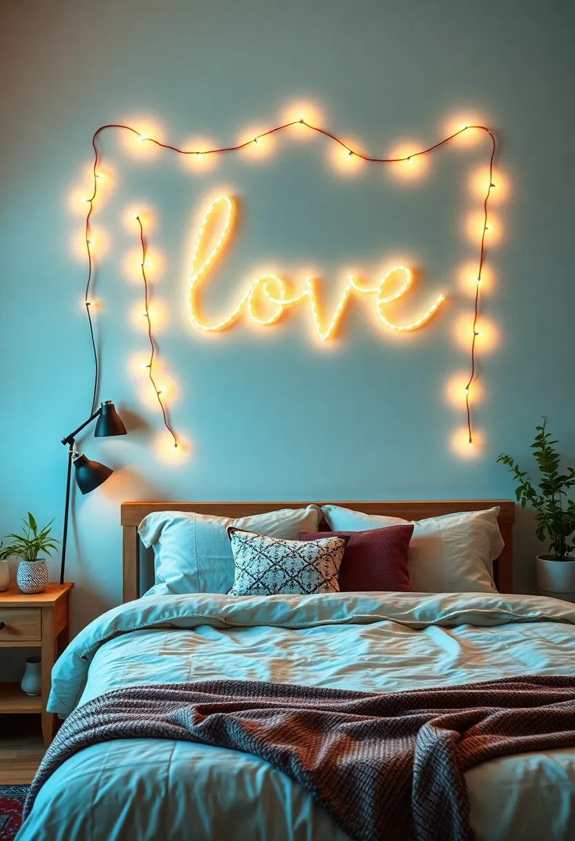 String Lights Art: Use string lights to outline a shape or phrase on your wall,adding a whimsical and cozy ambiance