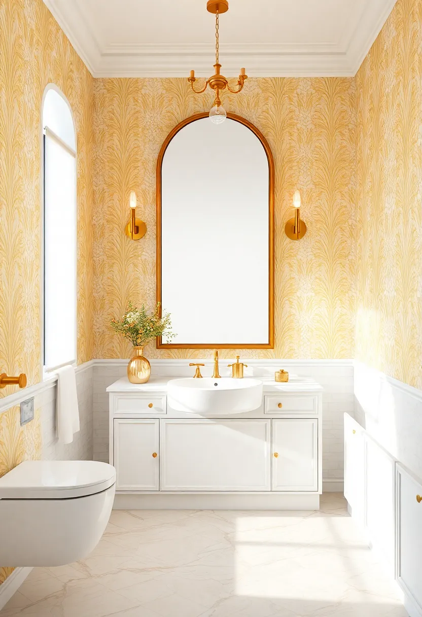 Chic Gold-Infused Wallpaper: Wallpaper with gold patterns can add depth and drama to your bathroom while enveloping the space in luxury