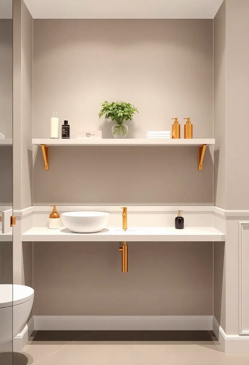 Elegant Gold Shelving: Floating shelves with gold brackets display your favorite toiletries or decor pieces while enhancing the overall elegance