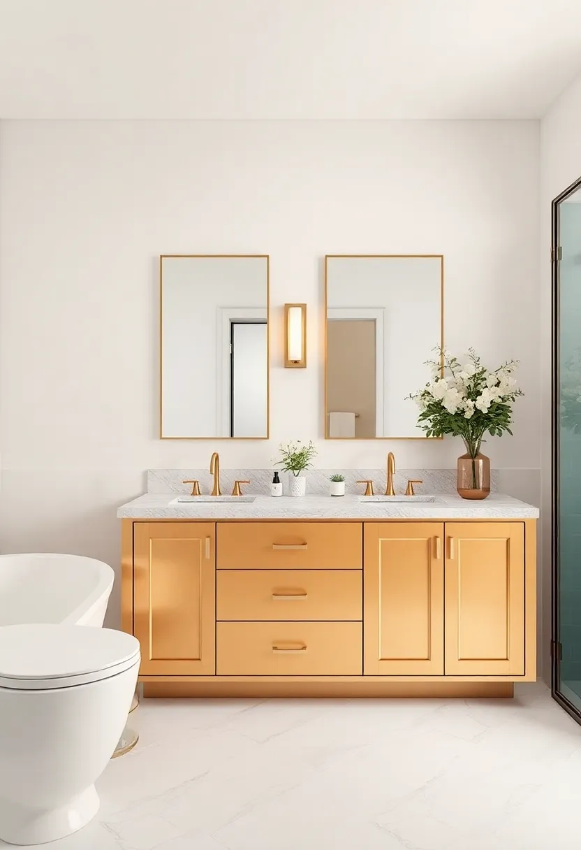 Glamorous Gold Cabinets: Incorporating gold hardware on cabinetry injects an instant sense of sophistication and elegance into your bathroom design