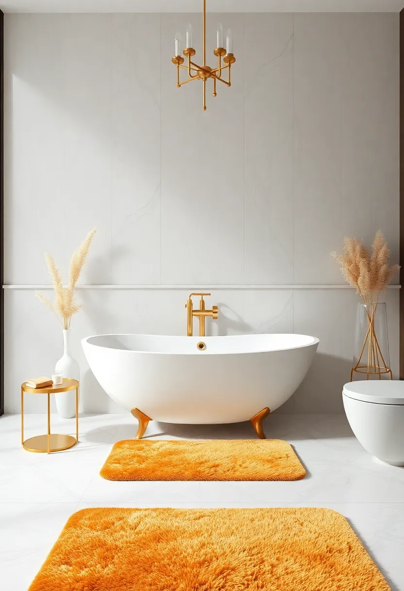 Gold Bath Mats: A plush bath mat in a golden hue can warm your feet and provide a plush contrast to stark tiles or dark wood