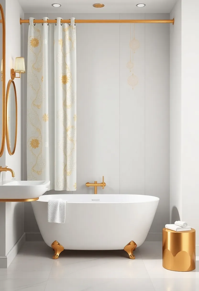 Gold decorated Shower Curtains: Choose a designer shower curtain with gold patterns to elevate the whole room's style effortlessly