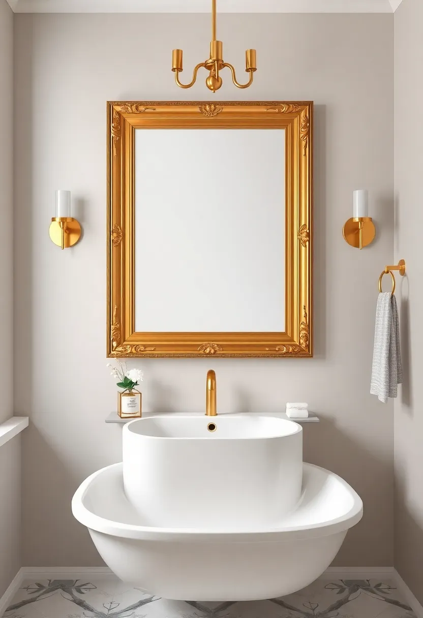 Gold-framed Artwork: Personalize your bathroom with gold-framed prints or paintings that add character and a glamorous feel