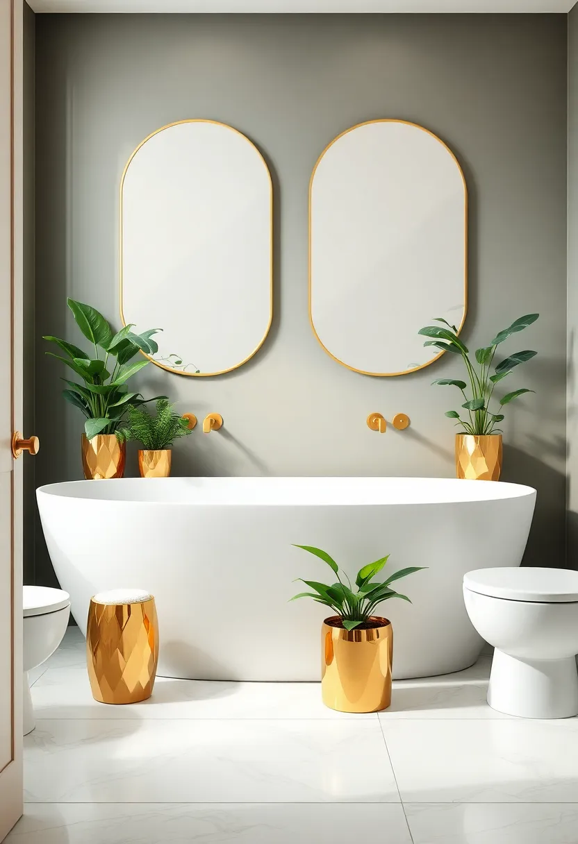 Vibrant Green Plants in Gold Pots: Incorporating lush greenery in gold pots breaks the monotony and adds a lively touch to your elegant bathroom