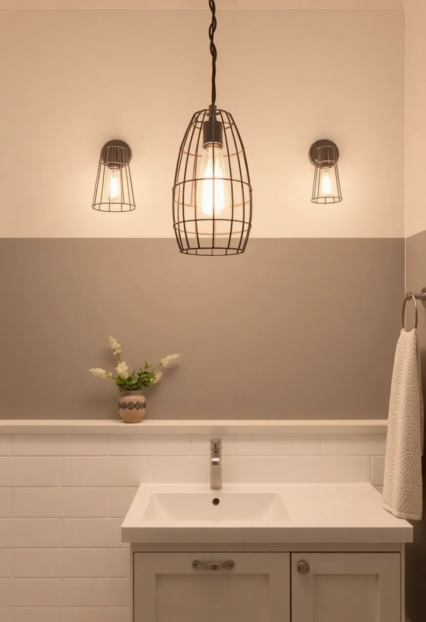 Industrial Cages: Use pendant lights with wire cages for a rugged, industrial feel that balances out softer elements in your farmhouse bathroom