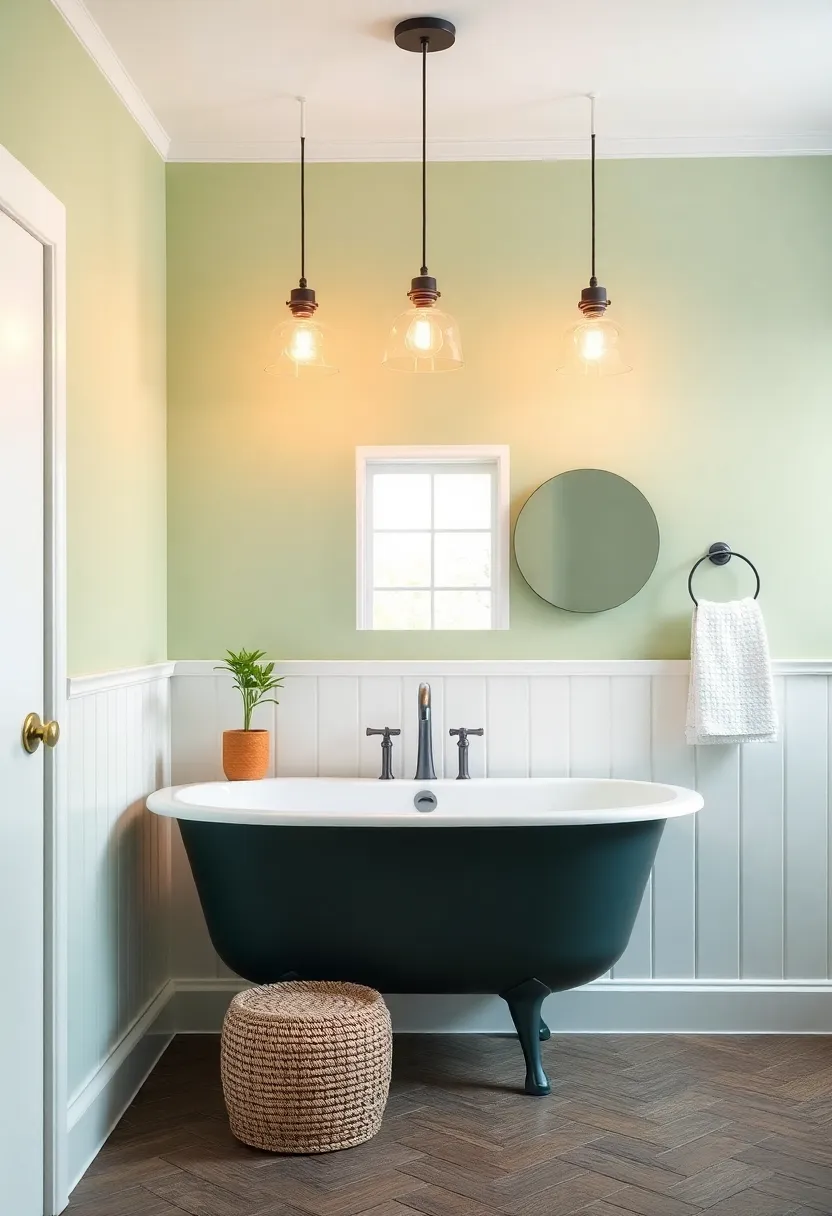 Playful Colors: bring fun into your farmhouse bathroom with colorful pendant lights that create a cheerful, inviting atmosphere
