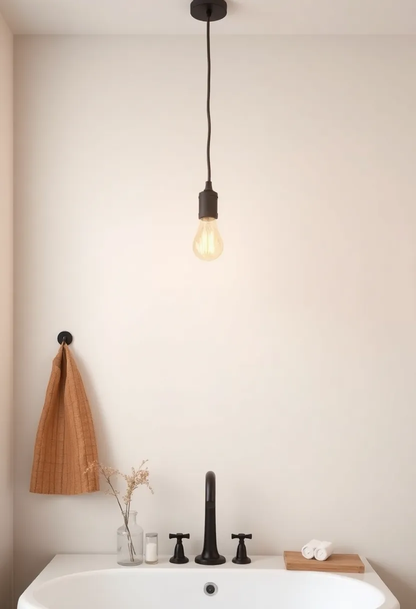 Rustic Charm: Embrace the warmth of wood with a reclaimed wood pendant light that adds a touch of farmhouse coziness to your bathroom