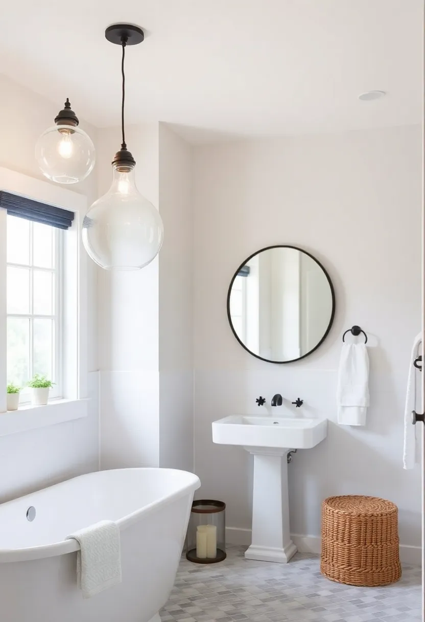 Simple Glass Globes: Utilize clear glass globe lights for a contemporary farmhouse look that allows the beauty of your bathroom design to shine through
